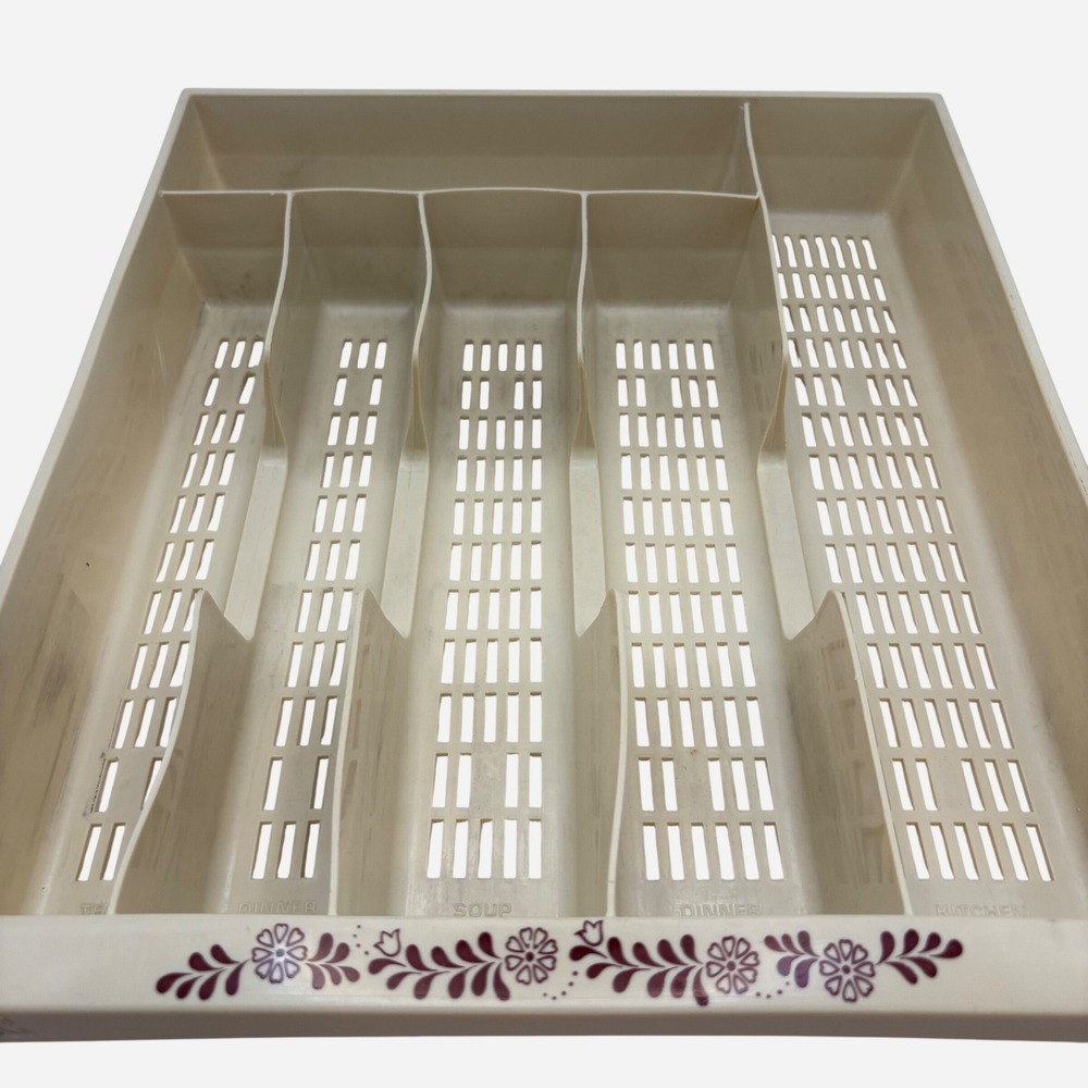 Vtg Cottagecore Silverware Drawer Tray Organizer 13x12 Cream Floral Maroon MCM